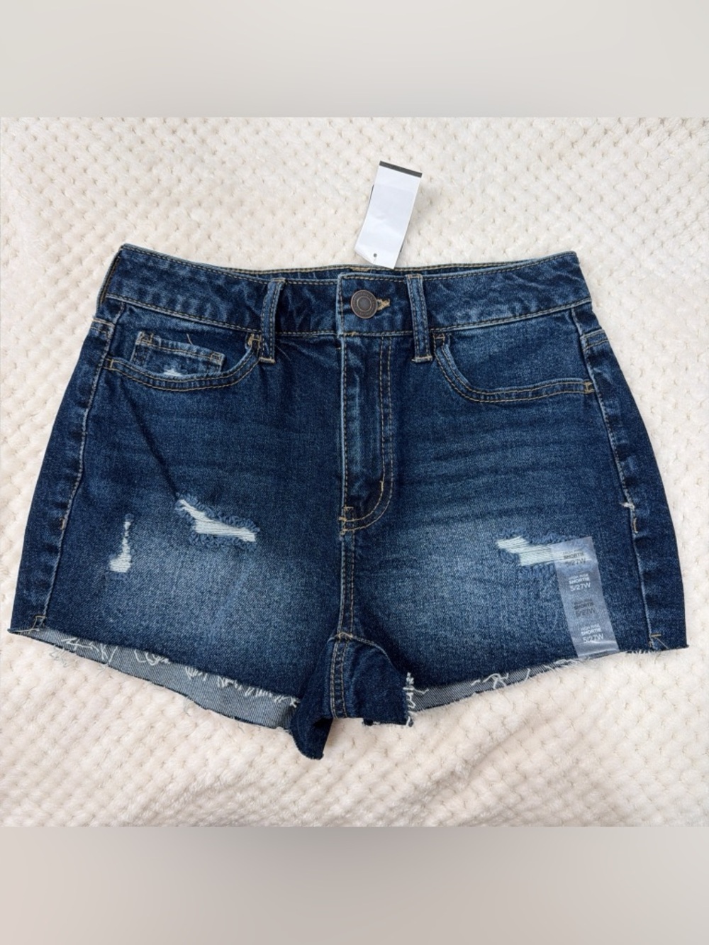 High-Rise Dark Blue Distressed Denim Shorts